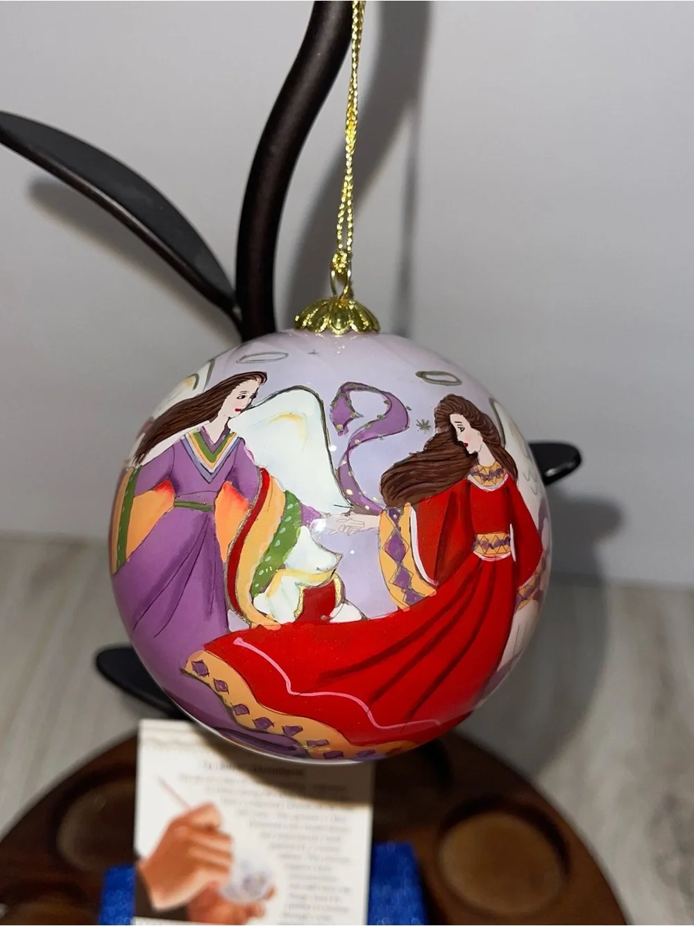 Pier 1 Li Bien Reverse Painted Glass Ornament Angel Orange Dress Purple